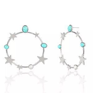 Celestial Star Turquoise Crystal Silver Tone Constellation Hoop Earrings NWT